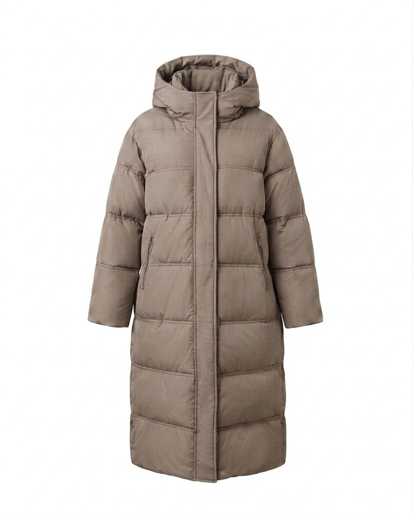 Women's longer padded quilted coat with two-way zipper, adjustable hem, and windproof outer shell