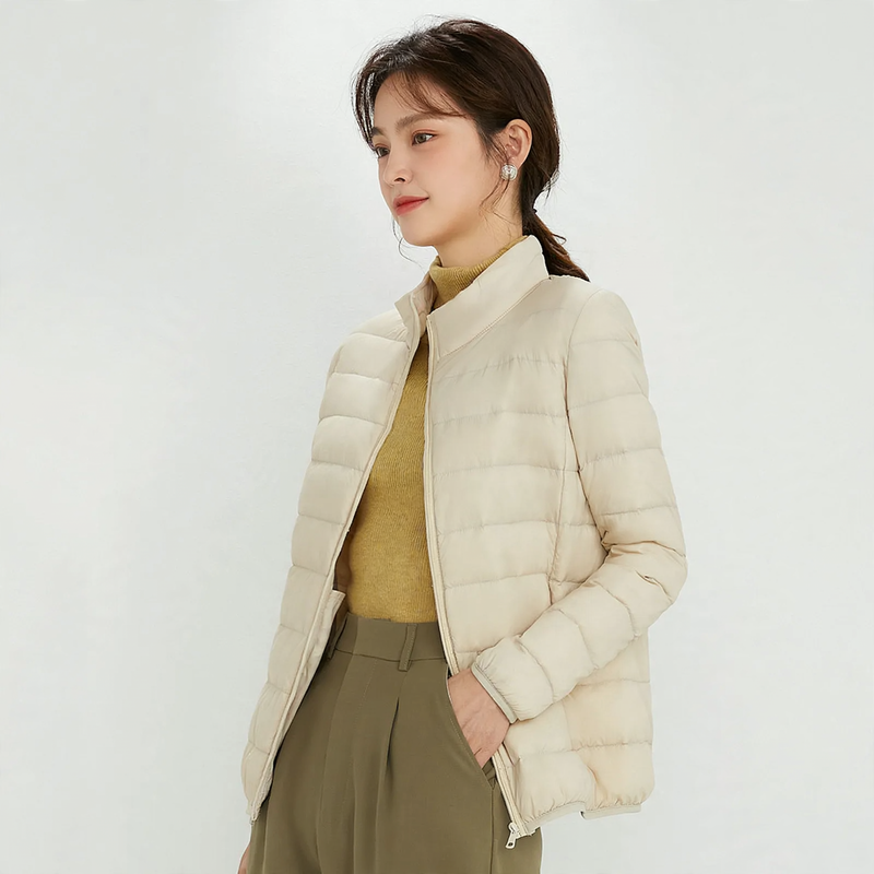 Light women's down jacket with stand-up collar, white duck down