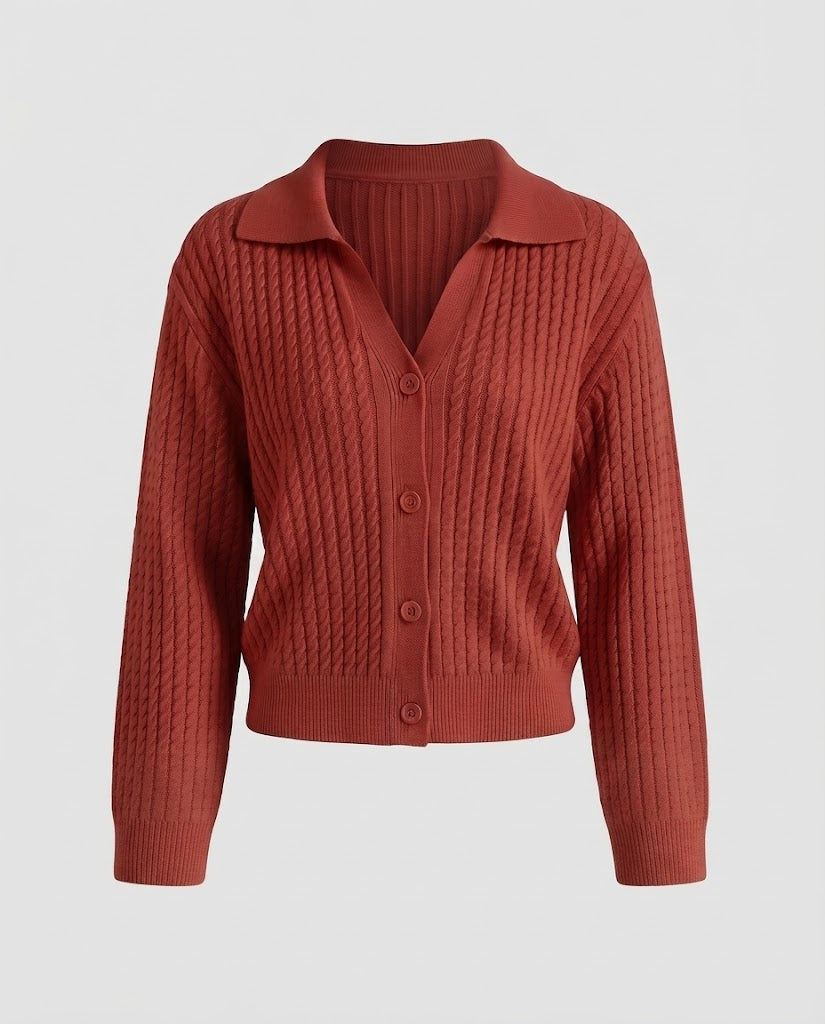 Ladies Cropped Cable Knit Cardigan with Shirt Collar and Balloon Sleeves EVA-US