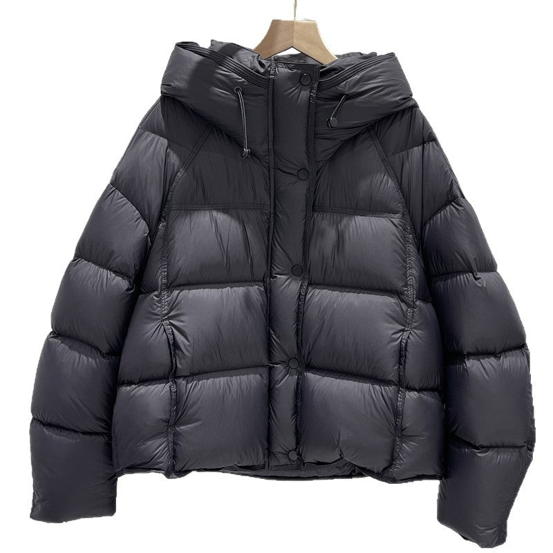 Short women's down jacket with hood, white duck down