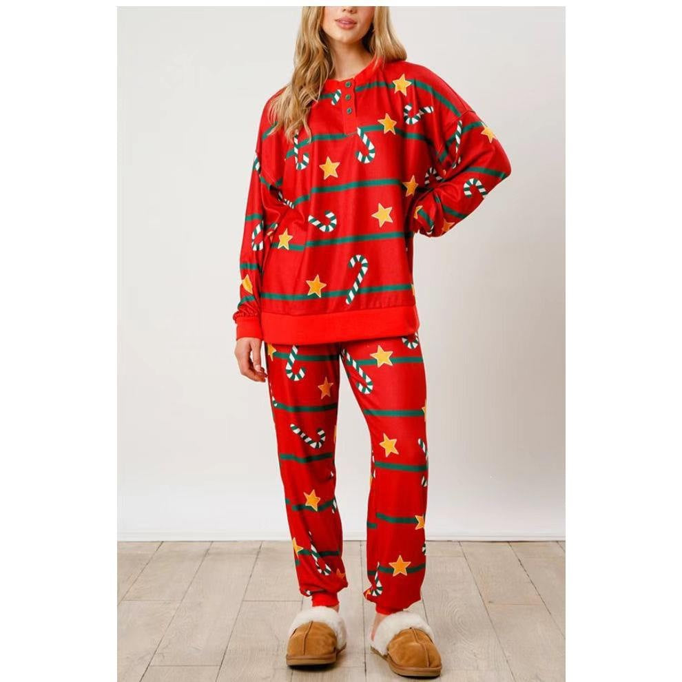 Women's house suit, long-sleeved, with button placket and print