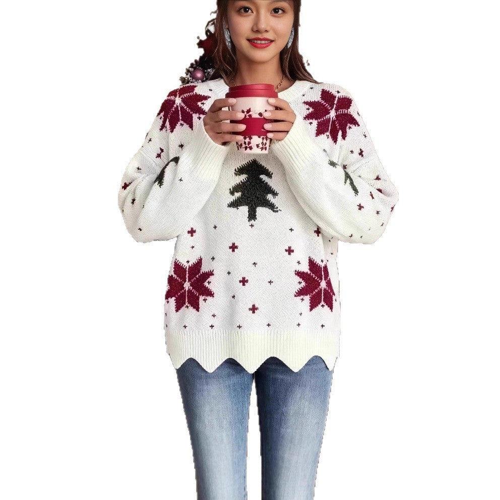 Women's knit sweater with round neck and floral pattern