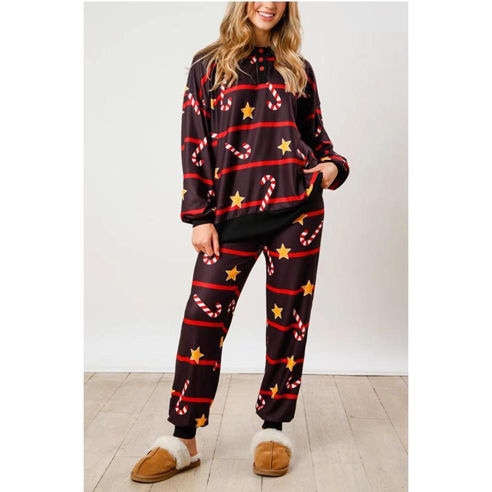 Women’s house suit, long-sleeved, with button placket and print