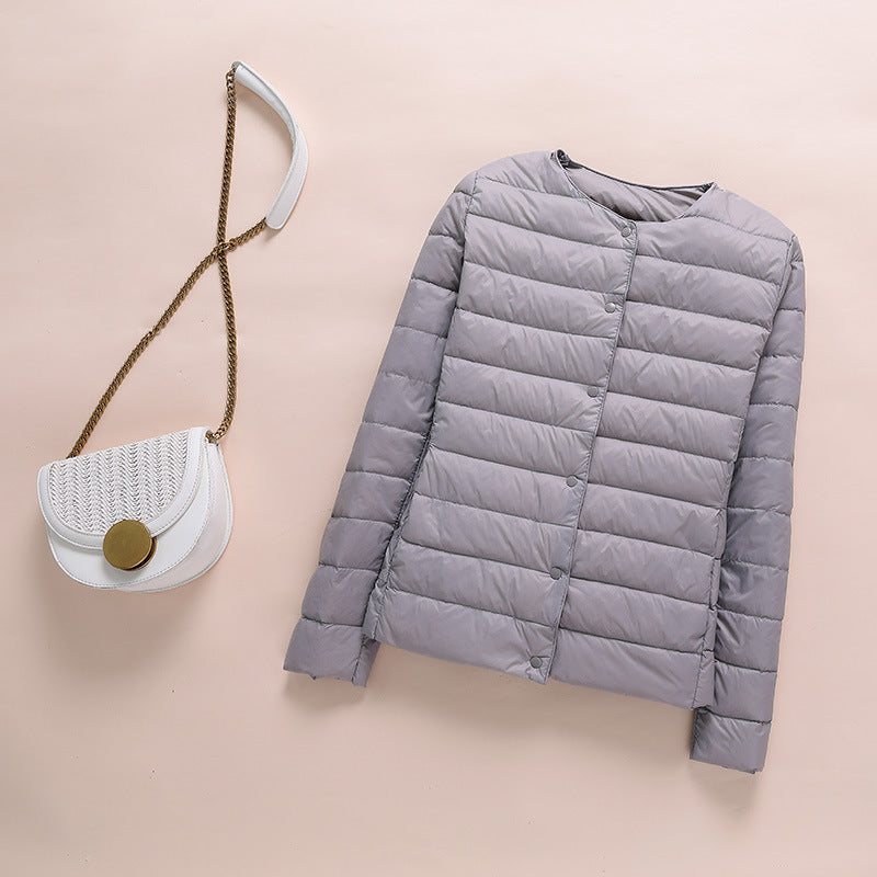 Light women's down jacket, collarless, short