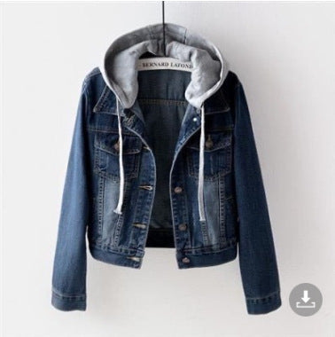 Padded women's jeans jacket with fur collar, short