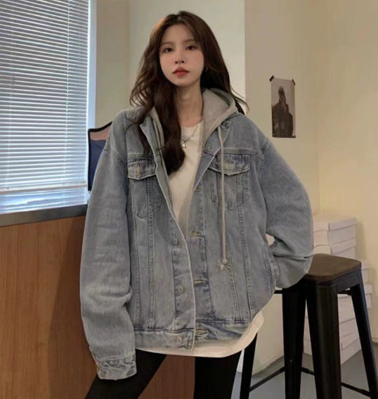Padded women's denim jacket with detachable hood