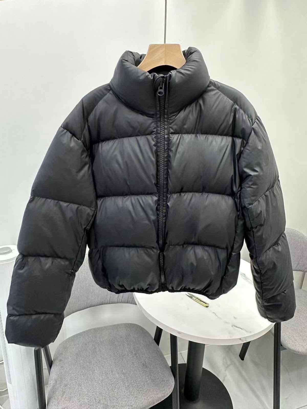 Women’s down jacket, short, white duck down, stand-up collar