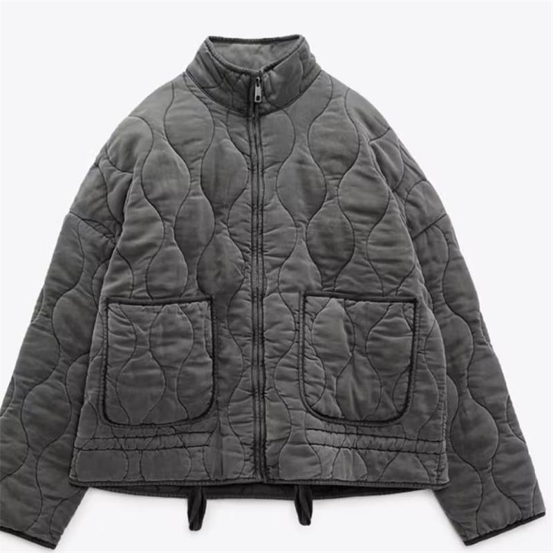 Women’s quilted jacket with stand-up collar and tie belt