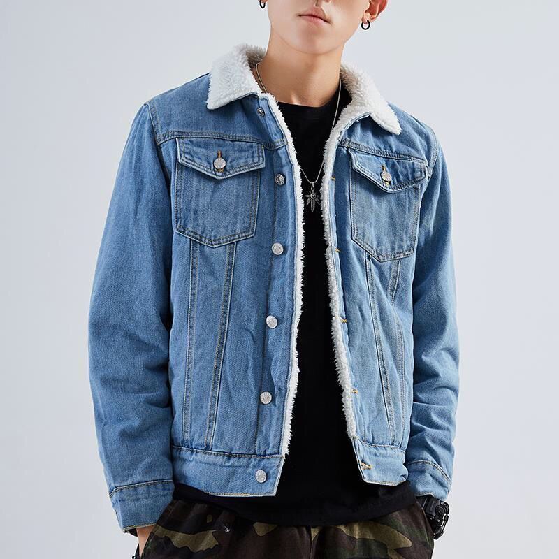 Padded denim jacket with lamb fleece lining
