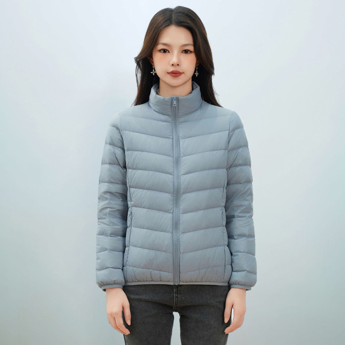 Light women's down jacket with stand-up collar