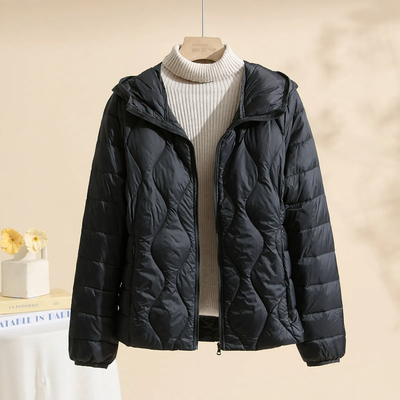 Lightweight, thin down jacket with hood for women