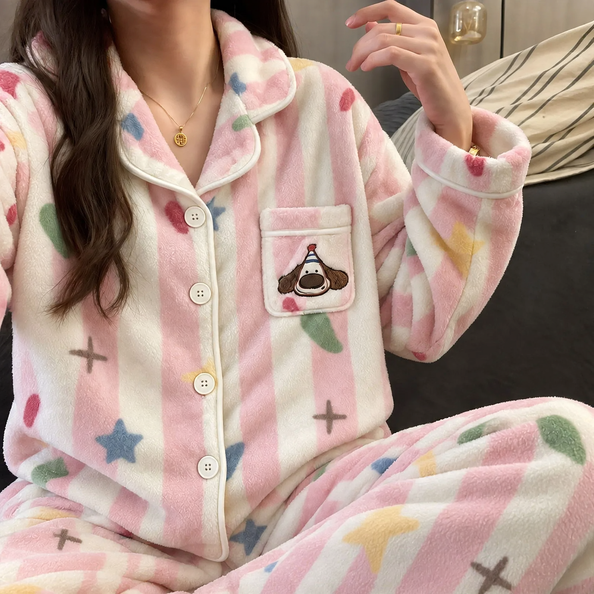 Women's flannel pajama set, lined, winter loungewear