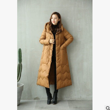 Long down jacket in vintage style with toggle closures
