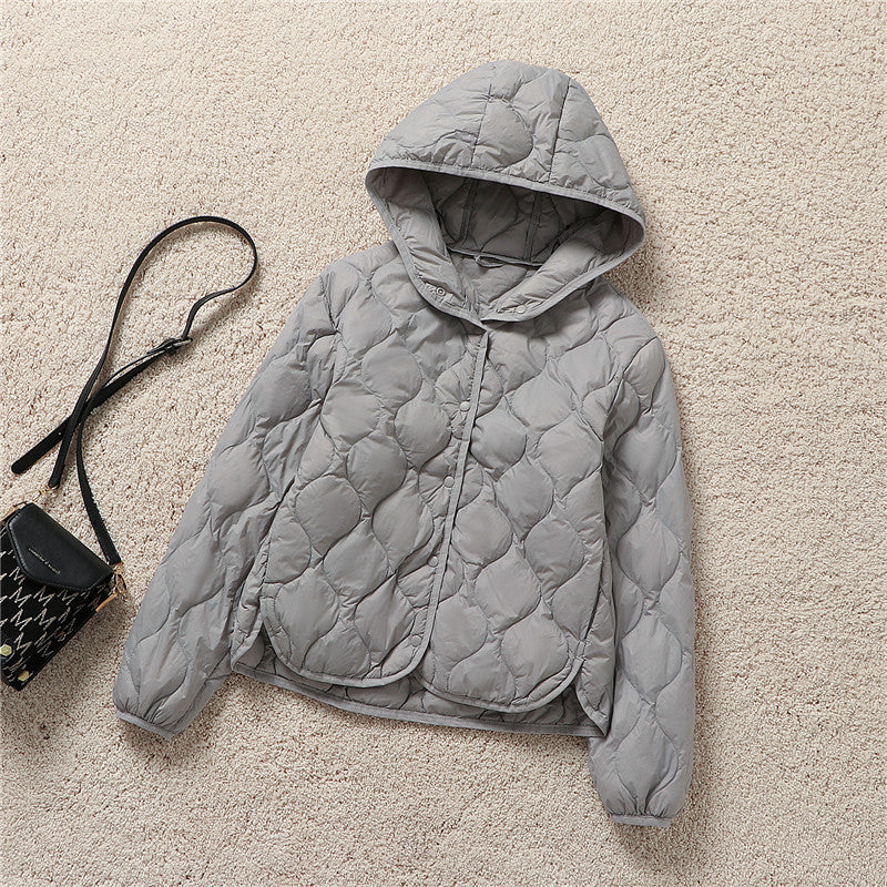 Light women's down jacket, short, with hood
