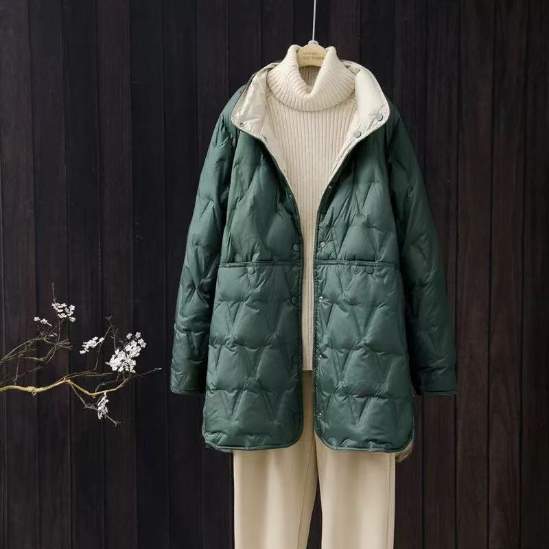 Reversible down jacket for women, medium length, plus sizes