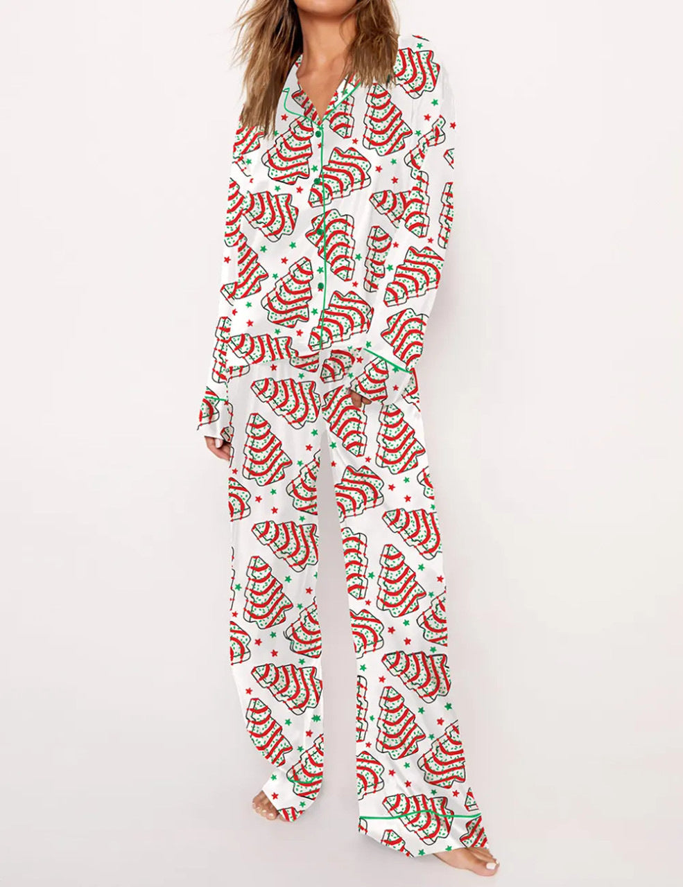 Women's pajamas with Christmas tree print, long sleeve