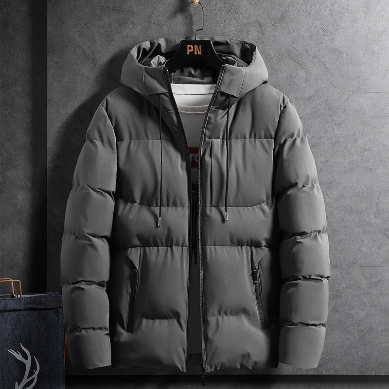 Padded men's winter jacket with hood, solid color