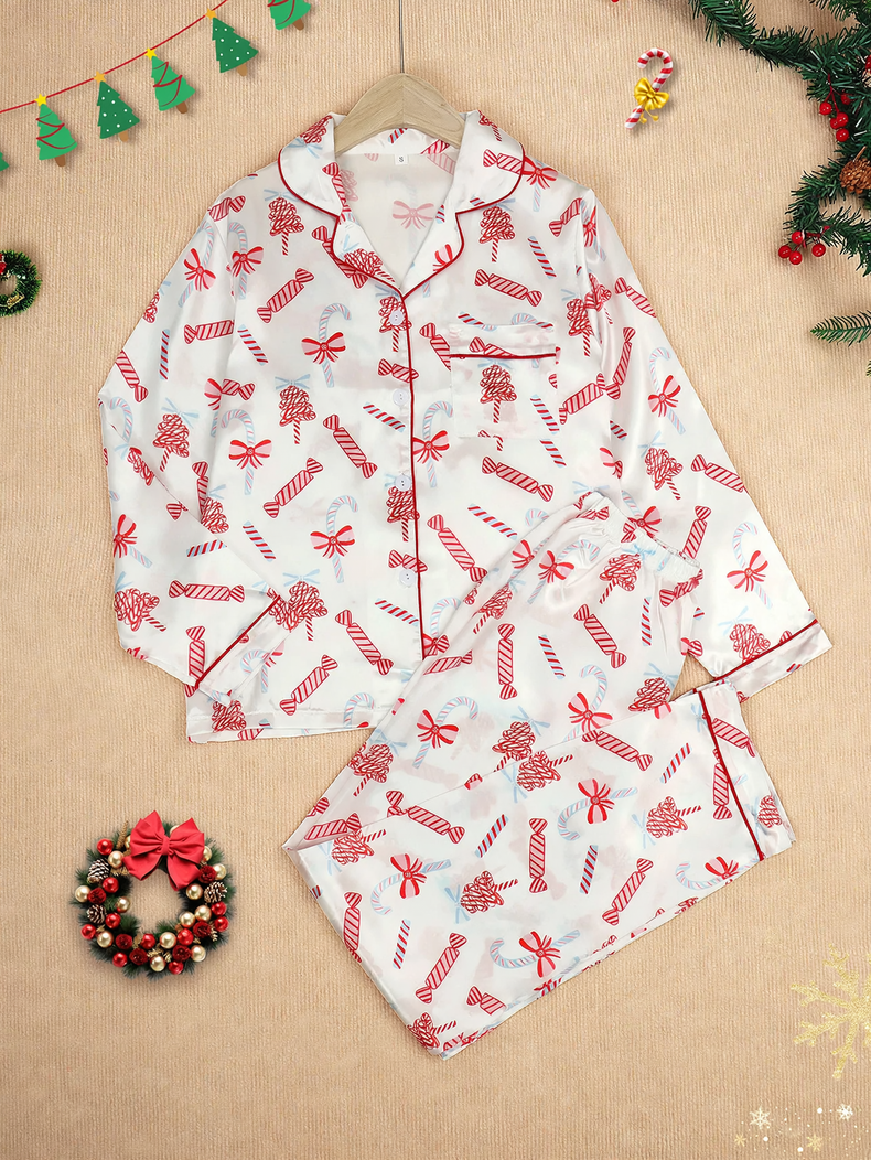 Family Pajama Set, silky appearance, festive motifs