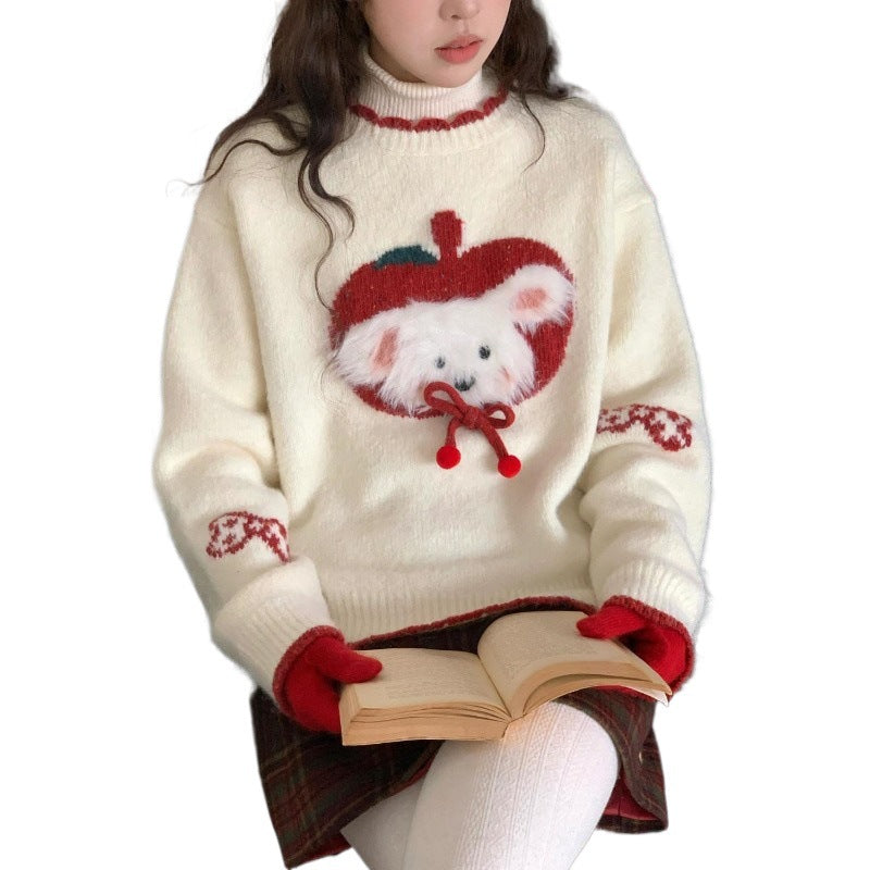 Fluffy knit sweater in contrasting colors