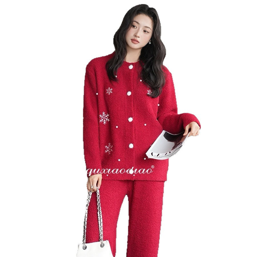 Soft Flannel House Suit Set, Red, Winter