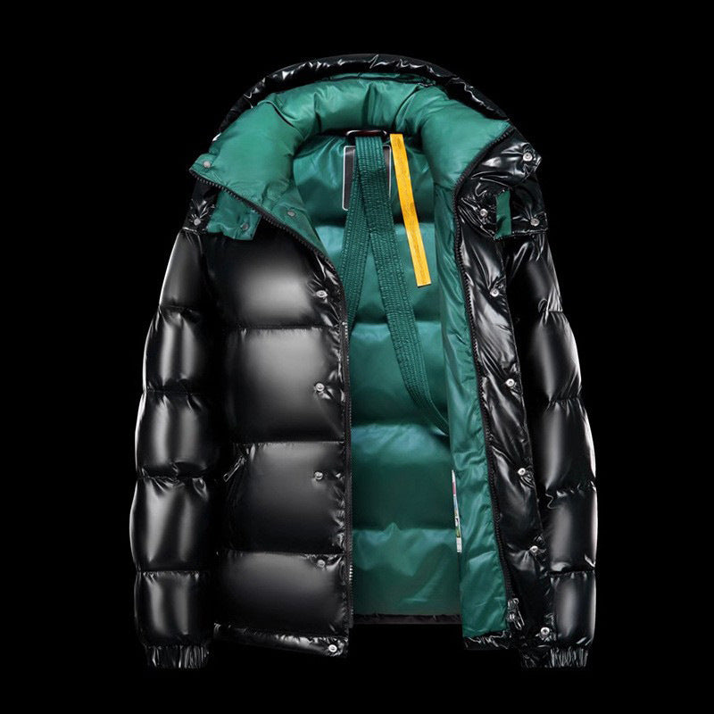 Short men's down jacket with hood, shiny