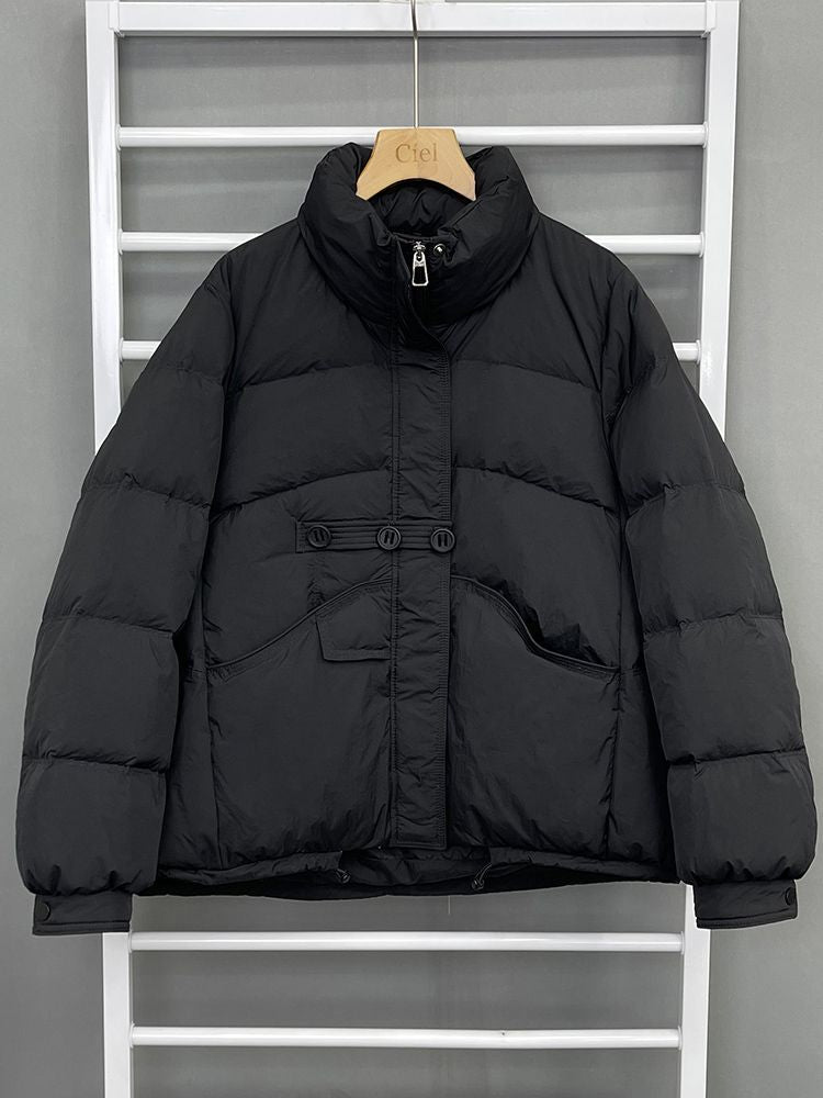 Short women's down jacket, stand-up collar, white duck down
