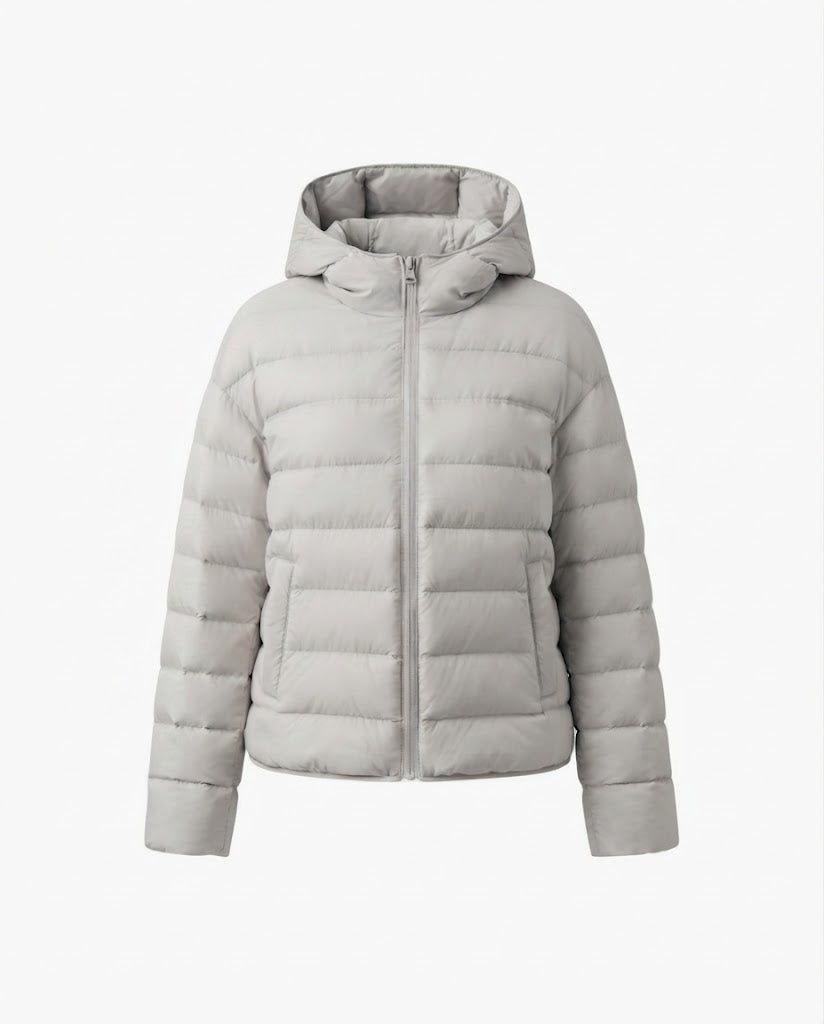 Women nan minimalist short thermo quilted jacket with ergonomic hood, tailored seam design and windproof outer shell