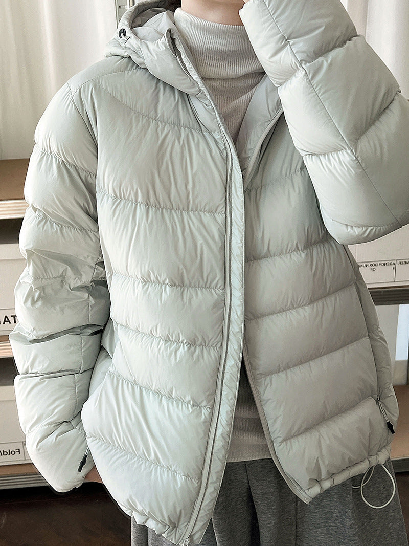 Light women's down jacket with hood, white duck down