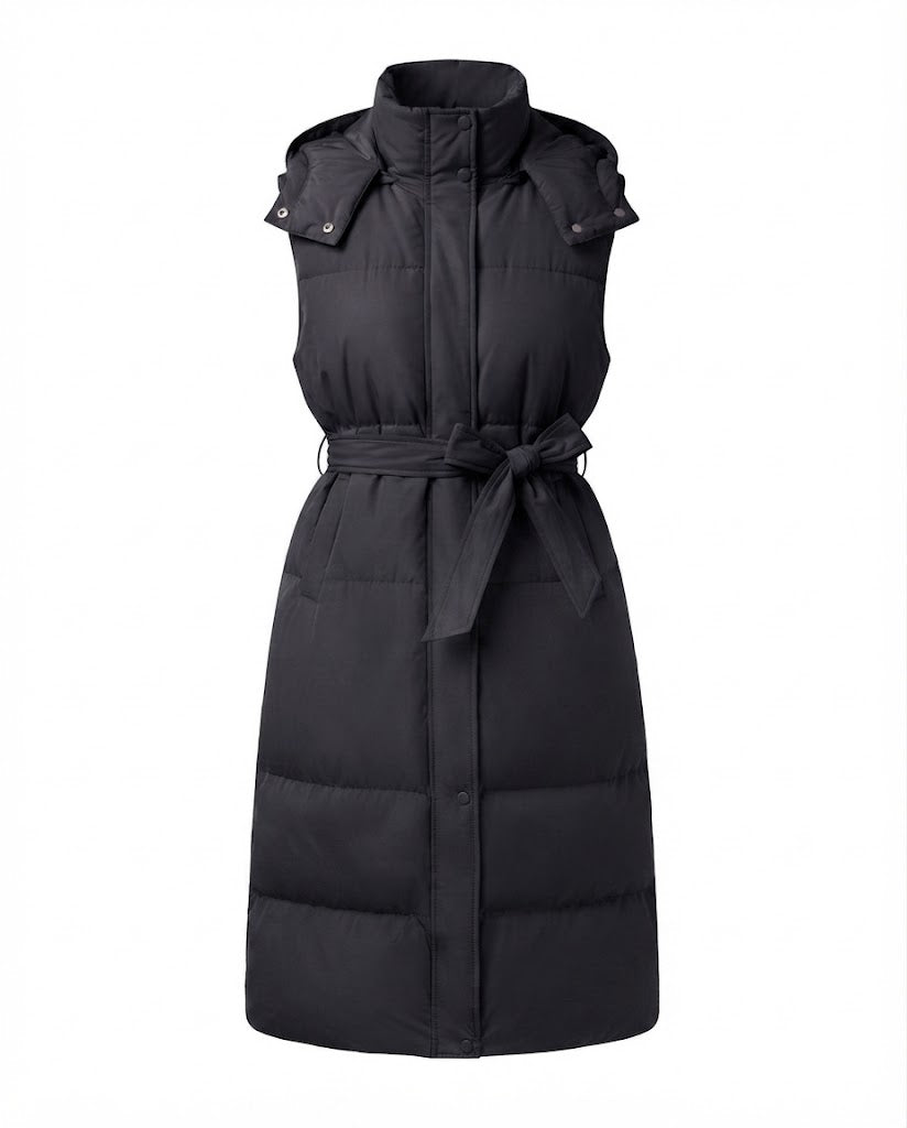 Ladies long cut padded sleeveless coat with hood, tie belt and side zip slits
