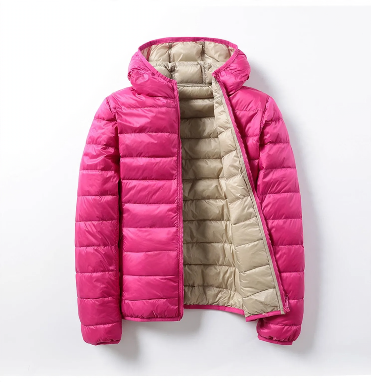 Reversible women's down jacket with hood, lightweight and short