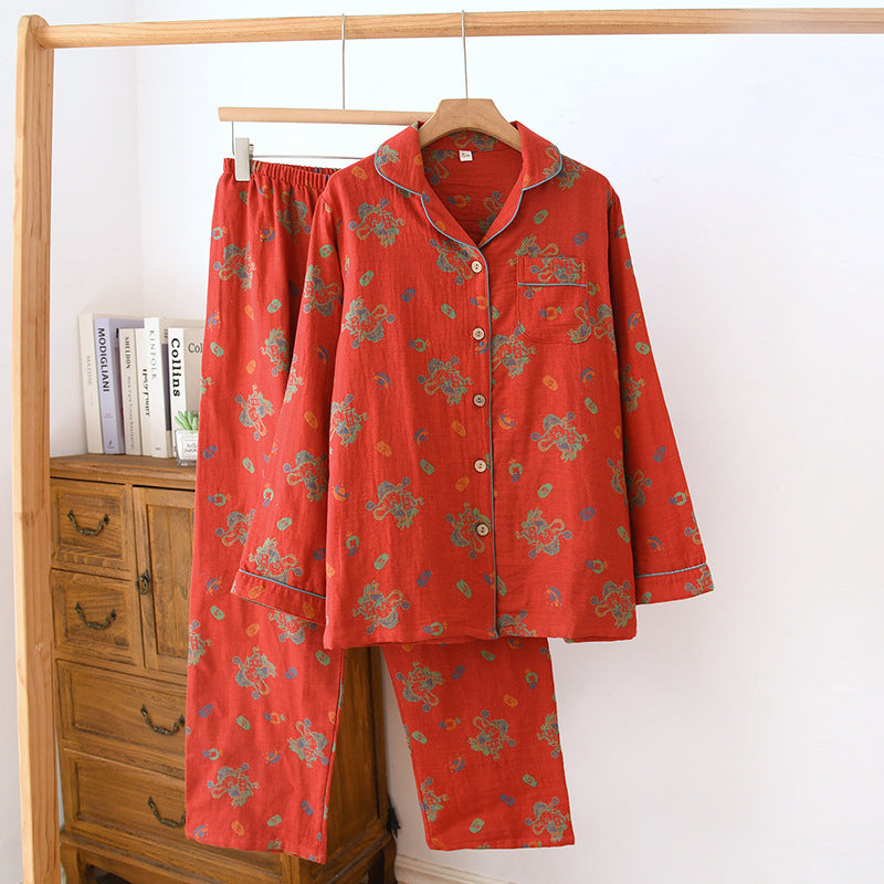 Cotton pajamas, long-sleeved, button placket, women's