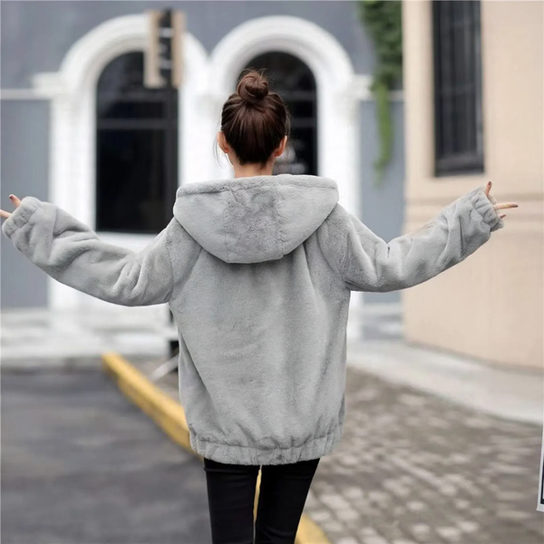 Fluffy hooded coat in rabbit fur look