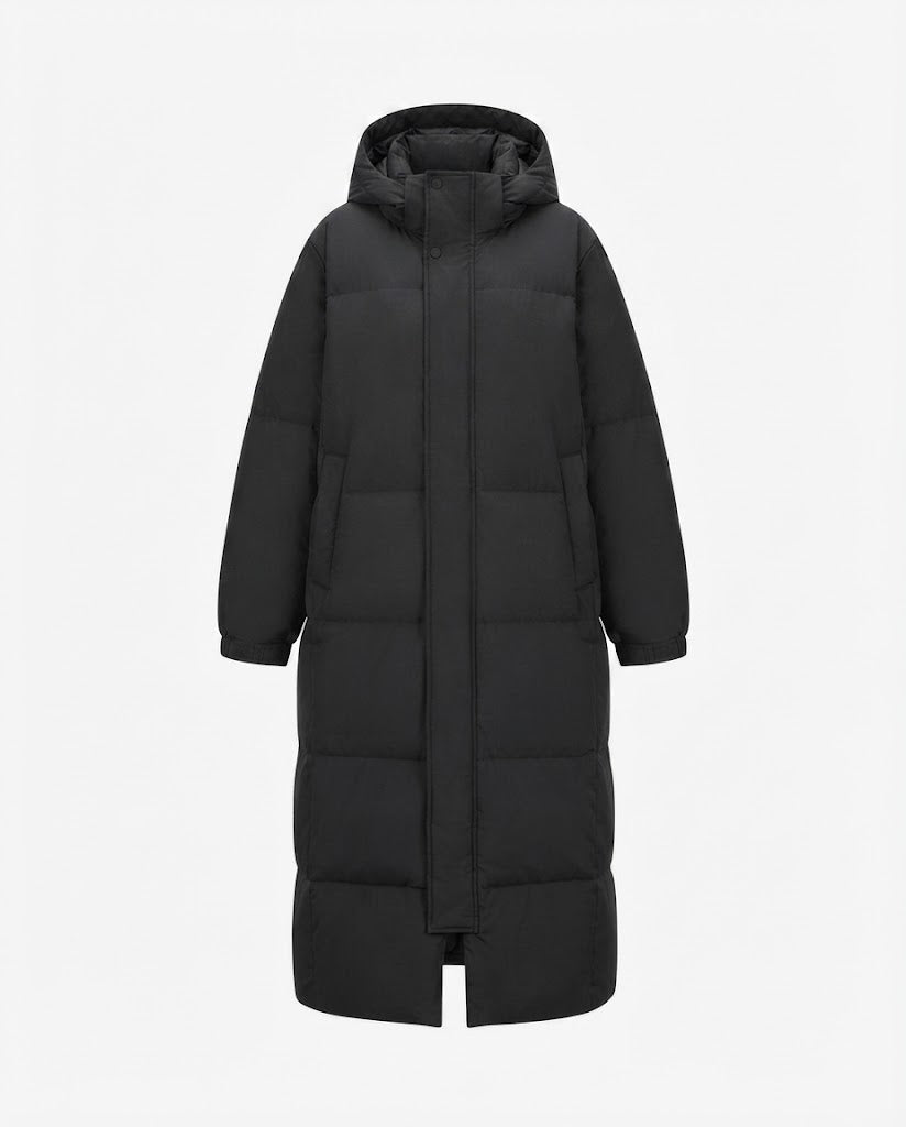 Women’s longer cold blocker puffer coat with walking slit, high closing collar and noise-reducing outer material