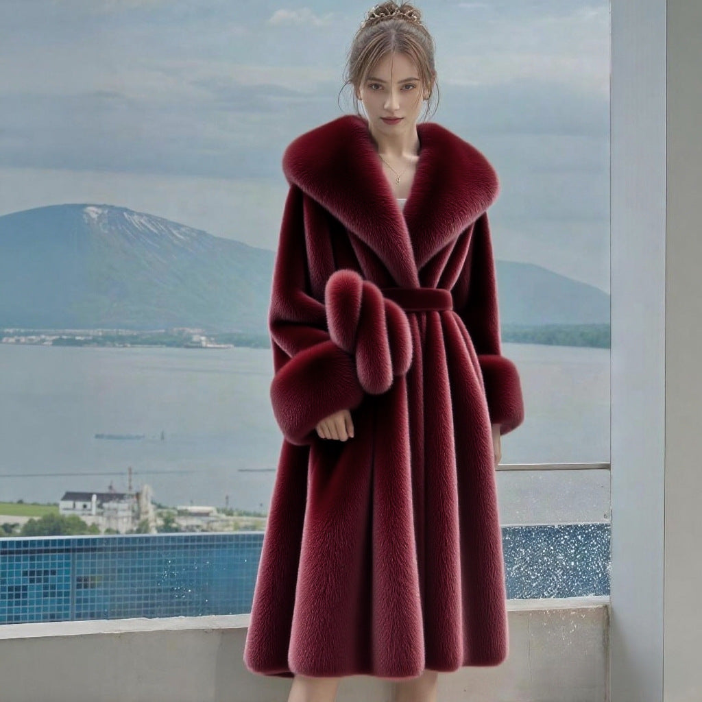 Long women's coat with faux fur collar