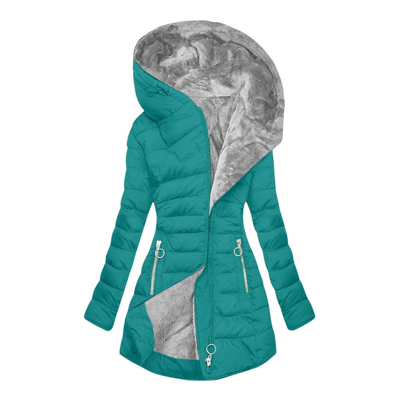 Tailored women's winter coat with hood and faux fur