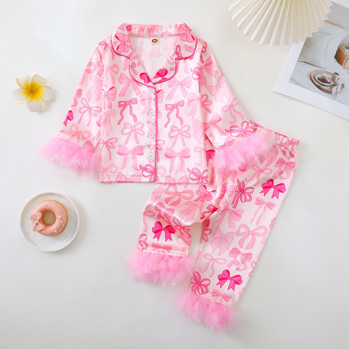 Girl's Pajama Set with Bow and Christmas Print