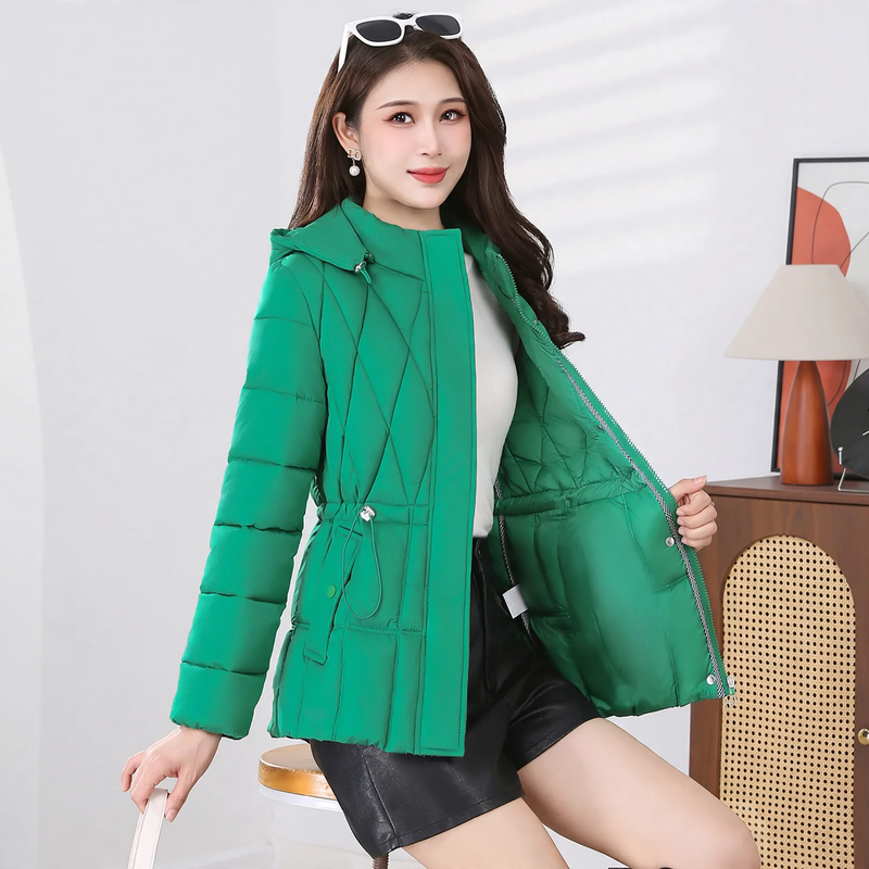 Short, padded women's jacket with hood