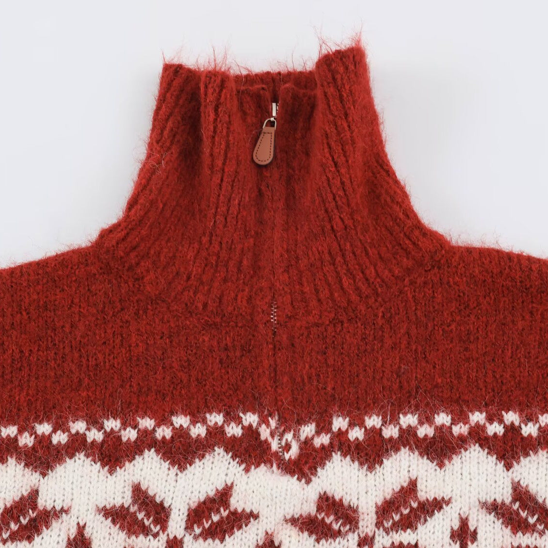 Fair-Isle knit sweater with stand-up collar and zipper