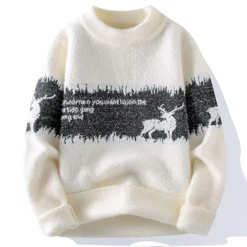 Men's knitted sweater with reindeer motif and stand-up collar