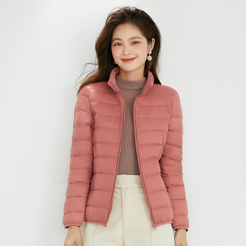 Light women's down jacket with stand-up collar