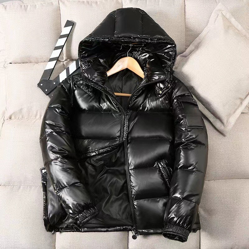 Short men's down jacket, hood, white duck down