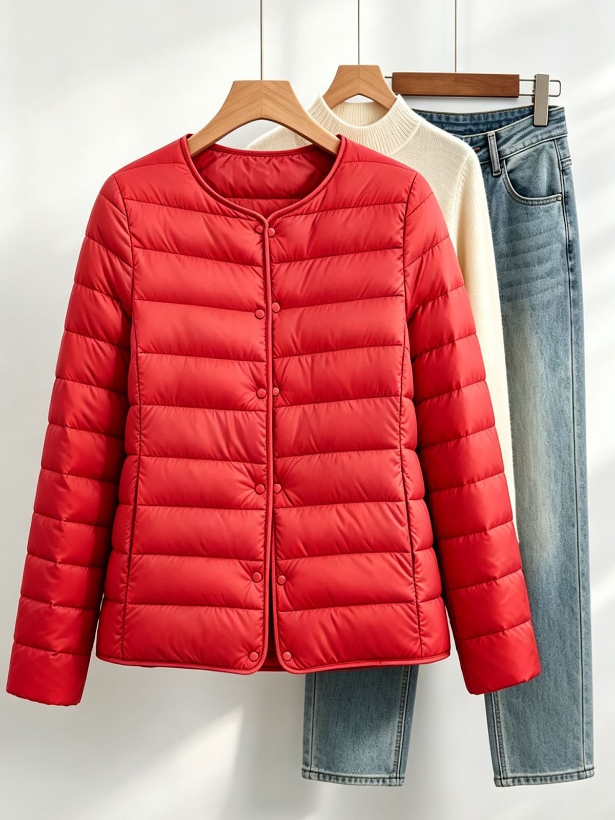Lightweight, short women's padded jacket without collar