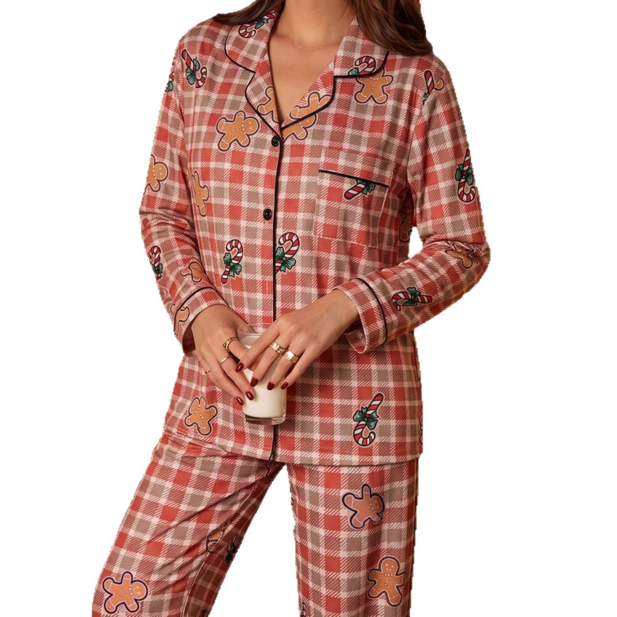 Women's Pajama Set with Checkered Pattern and Lapel Collar