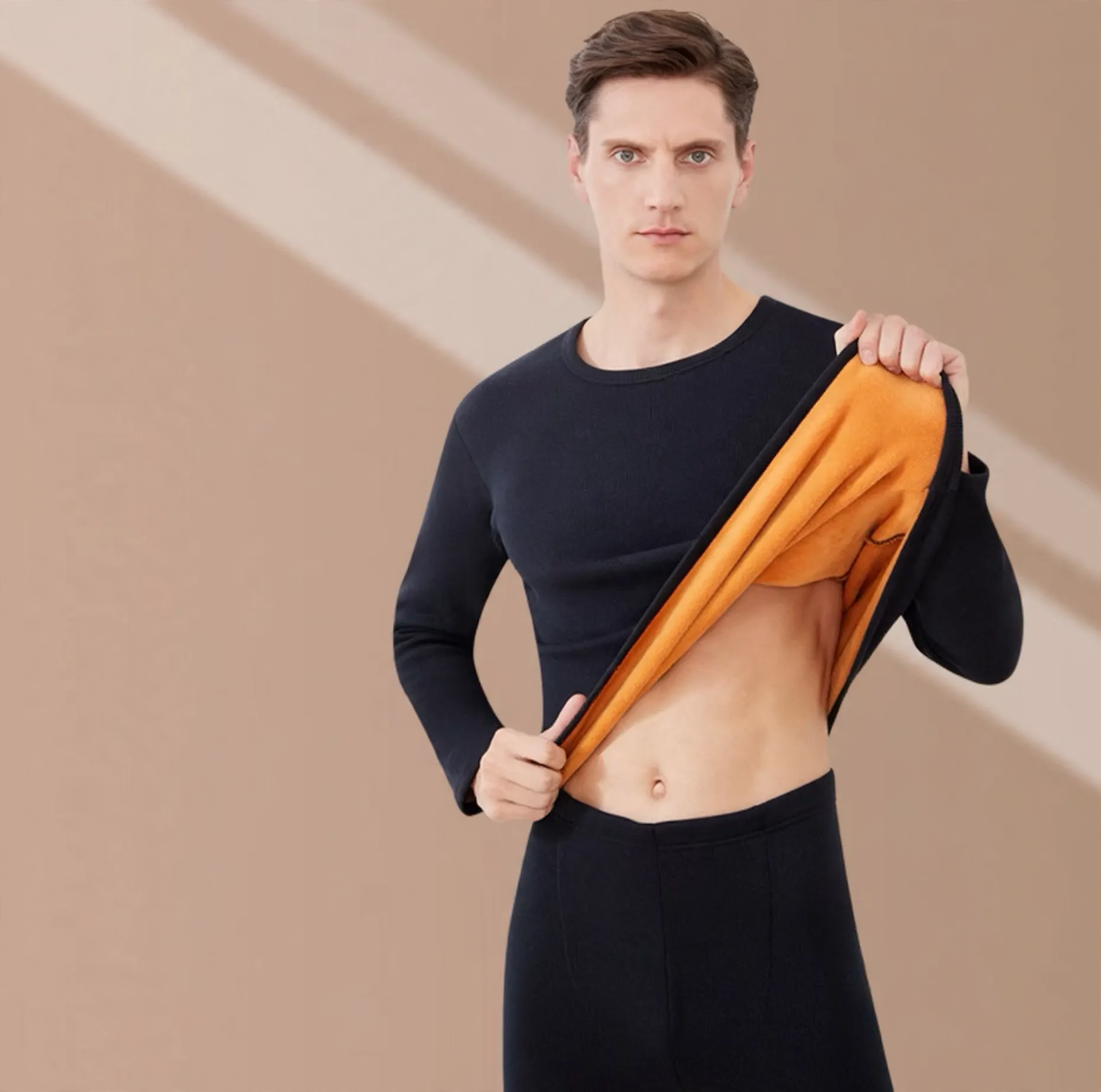 Fleece-lined thermal underwear set, round neck