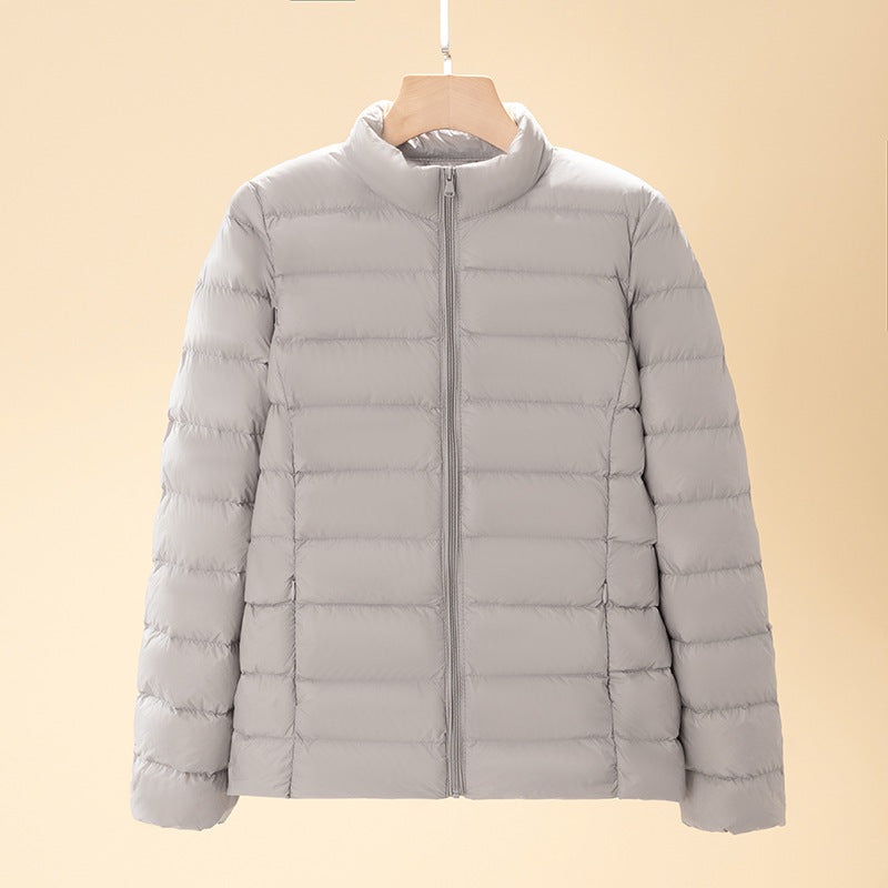 Short women's down jacket with standing collar