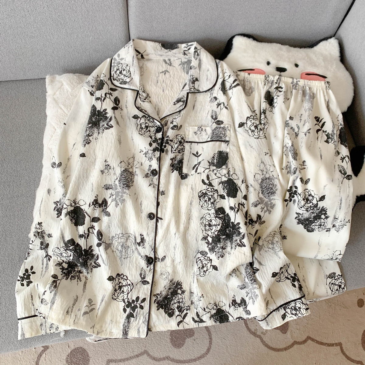 Women's Pajama Set, long-sleeved, with button placket, cartoon style