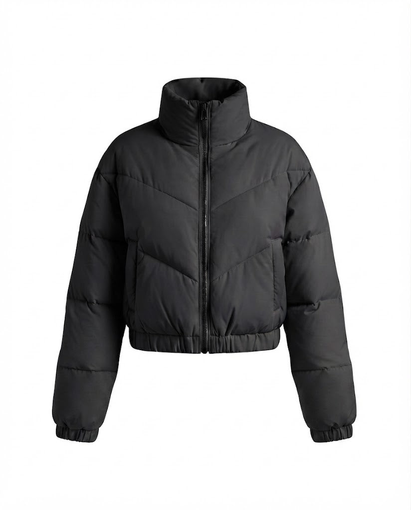 Women's cropped padded puffer jacket with high stand-up collar and elastic hem