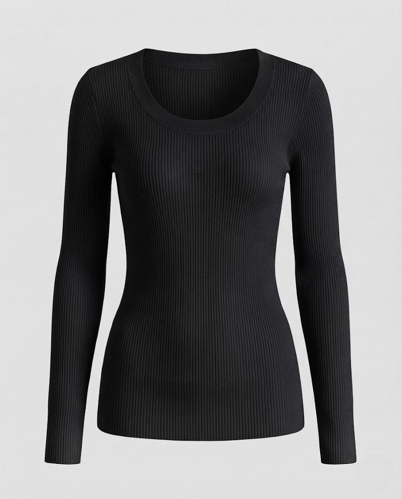 Ladies Fine Ribbed Long Sleeve with Wide Round Neckline and Tailored Silhouette EVA-US