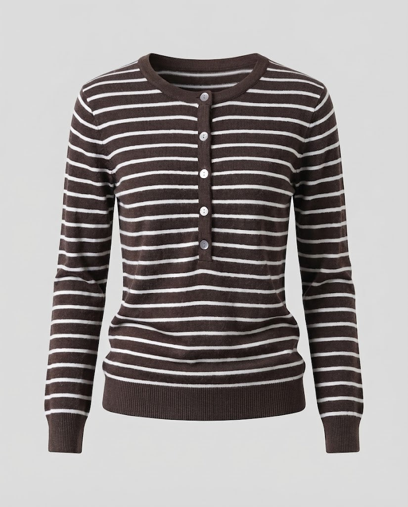 Women's Striped Henley Fine Knit Sweater with Button Placket EVA-US