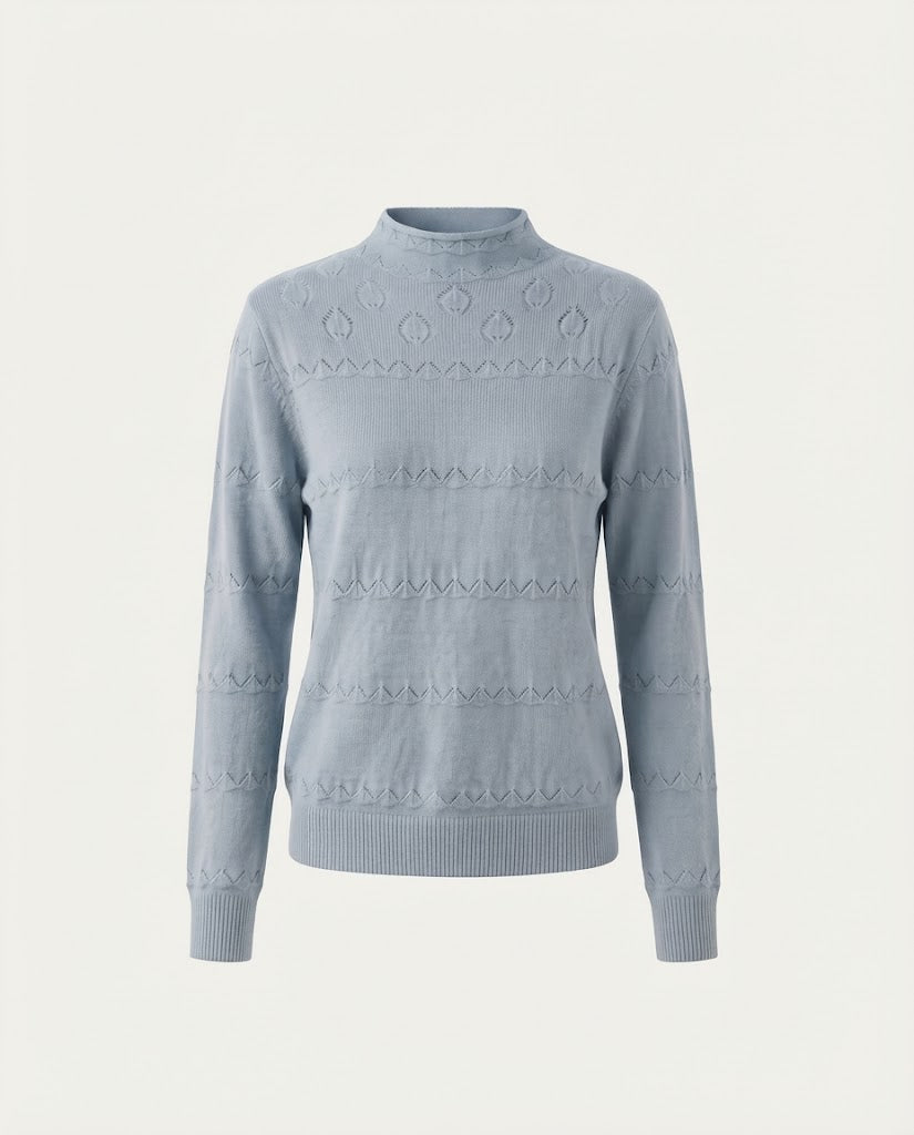 Ladies fine knit pullover with subtle lace stripe and short stand-up collar EVA-US